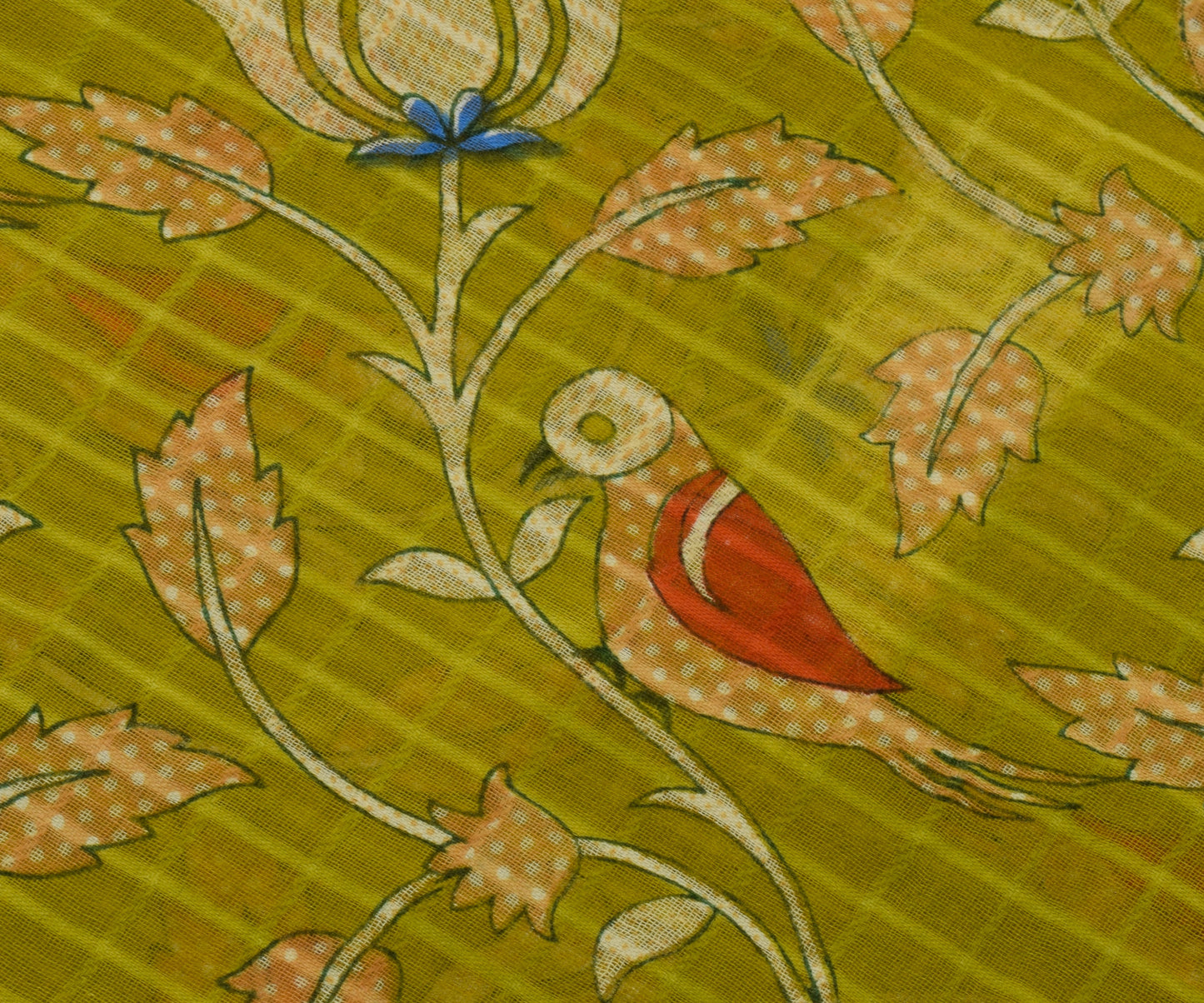 Sushila Vintage Green Saree 100% Pure Cotton Printed Birds Soft Craft Fabric