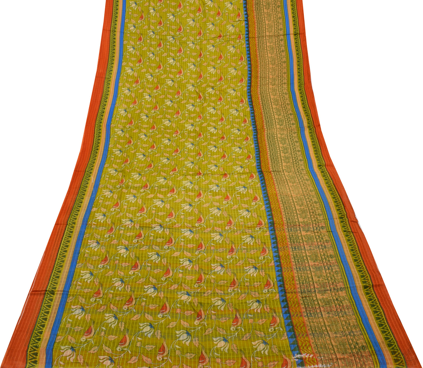 Sushila Vintage Green Saree 100% Pure Cotton Printed Birds Soft Craft Fabric