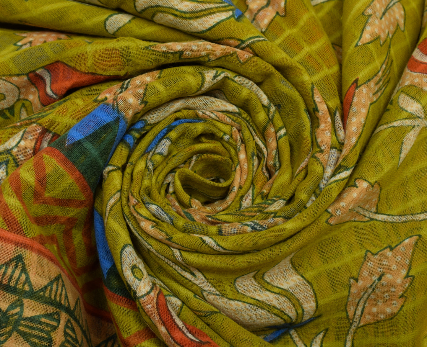 Sushila Vintage Green Saree 100% Pure Cotton Printed Birds Soft Craft Fabric