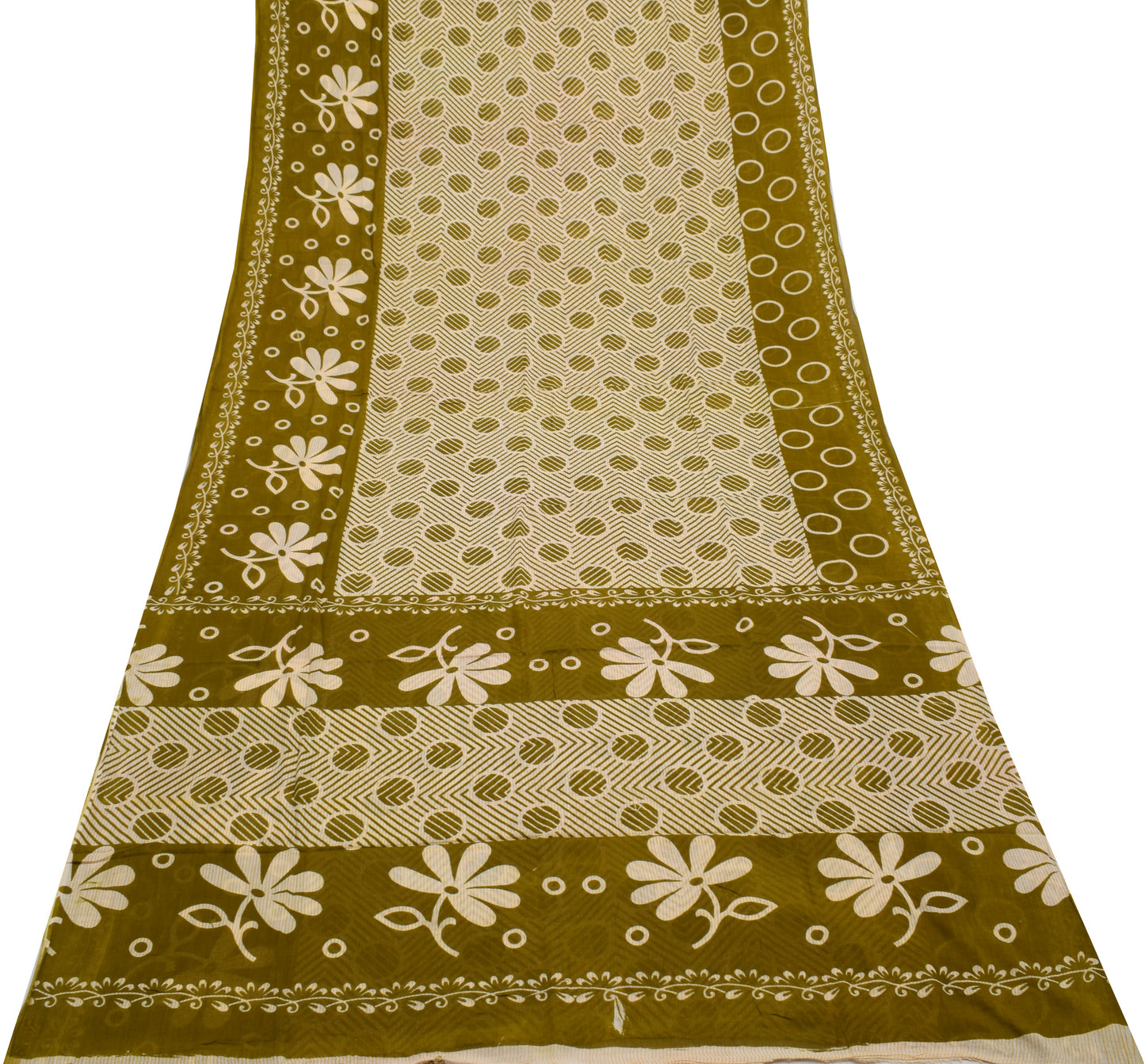 Sushila Vintage Cream Saree 100% Pure Cotton Printed Soft Craft 5 Yard Fabric