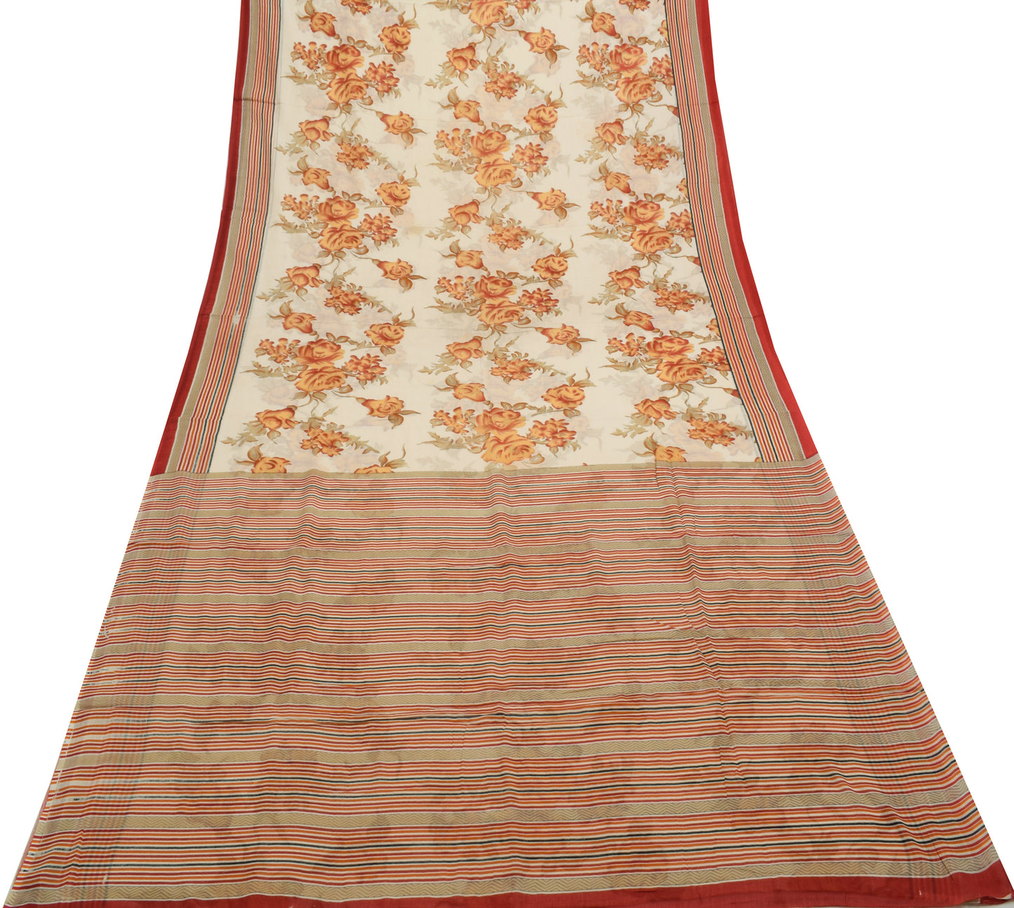 Sushila Vintage Cream Saree 100% Pure Cotton Printed Floral Soft Craft Fabric
