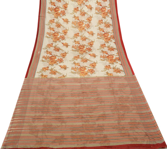 Sushila Vintage Cream Saree 100% Pure Cotton Printed Floral Soft Craft Fabric