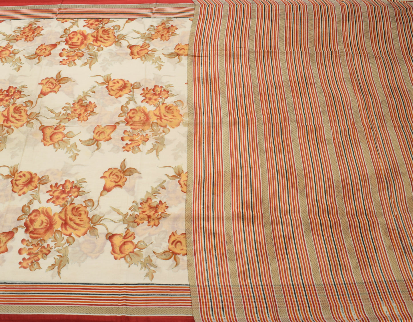 Sushila Vintage Cream Saree 100% Pure Cotton Printed Floral Soft Craft Fabric