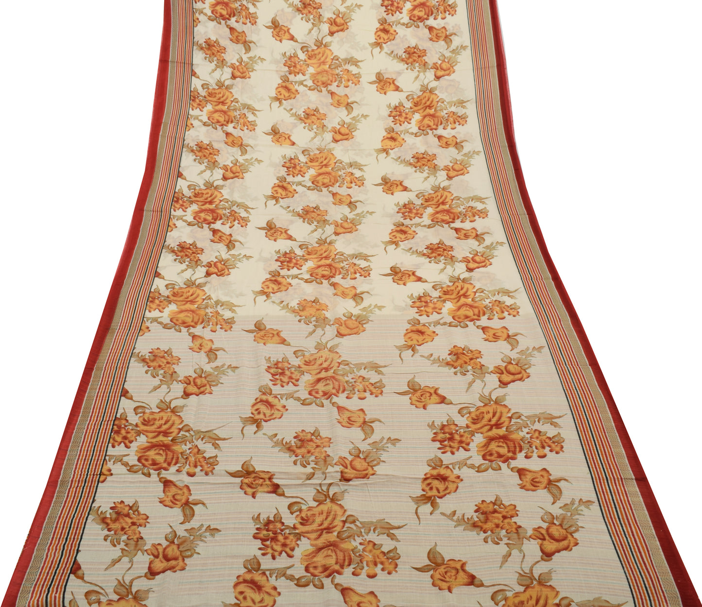 Sushila Vintage Cream Saree 100% Pure Cotton Printed Floral Soft Craft Fabric