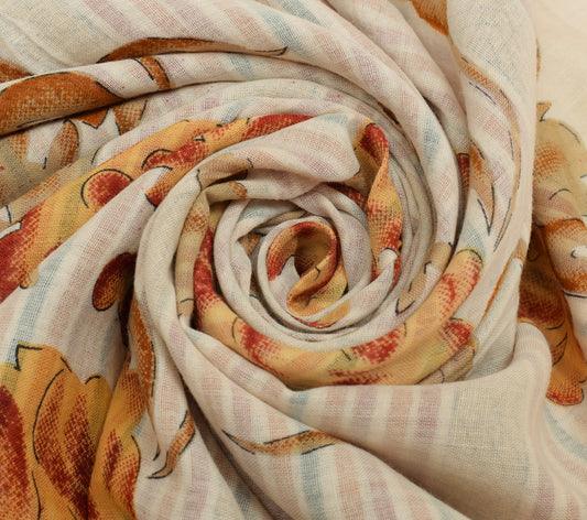 Sushila Vintage Cream Saree 100% Pure Cotton Printed Floral Soft Craft Fabric
