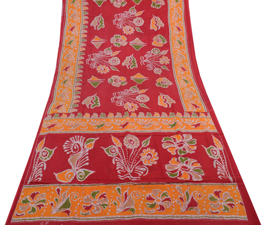 Sushila Vintage Red Saree 100% Pure Cotton Printed Floral Soft Craft Sari Fabric