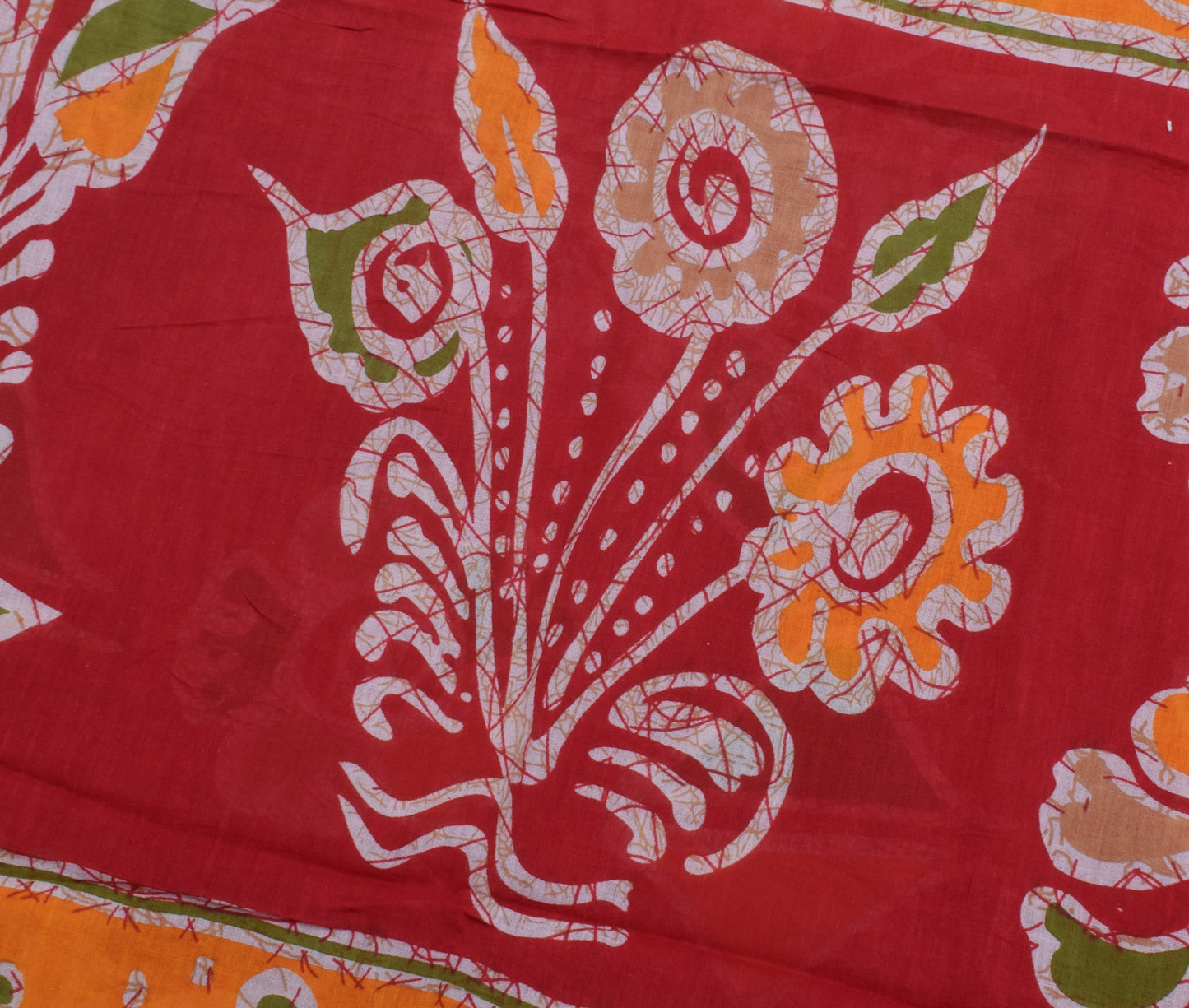 Sushila Vintage Red Saree 100% Pure Cotton Printed Floral Soft Craft Sari Fabric