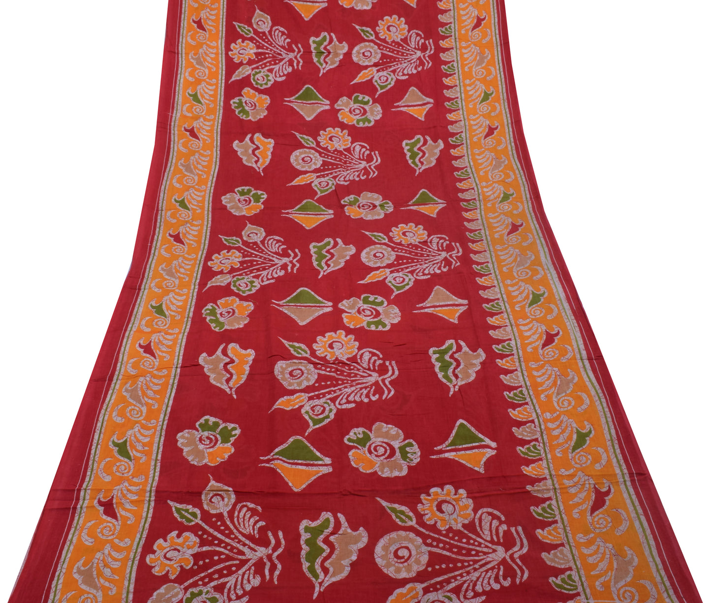 Sushila Vintage Red Saree 100% Pure Cotton Printed Floral Soft Craft Sari Fabric
