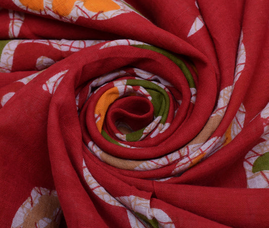 Sushila Vintage Red Saree 100% Pure Cotton Printed Floral Soft Craft Sari Fabric
