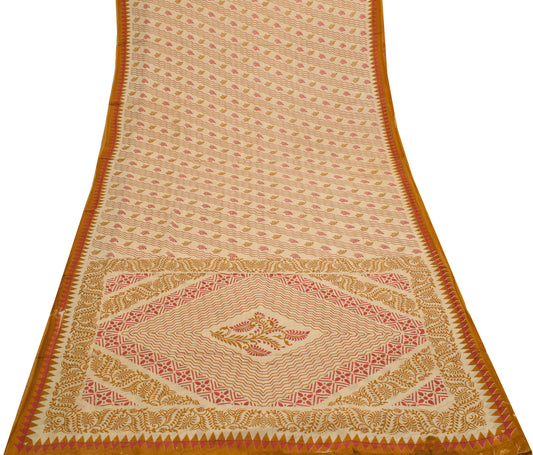 Sushila Vintage Light Brown Saree Pure Cotton Printed Floral Soft Craft Fabric
