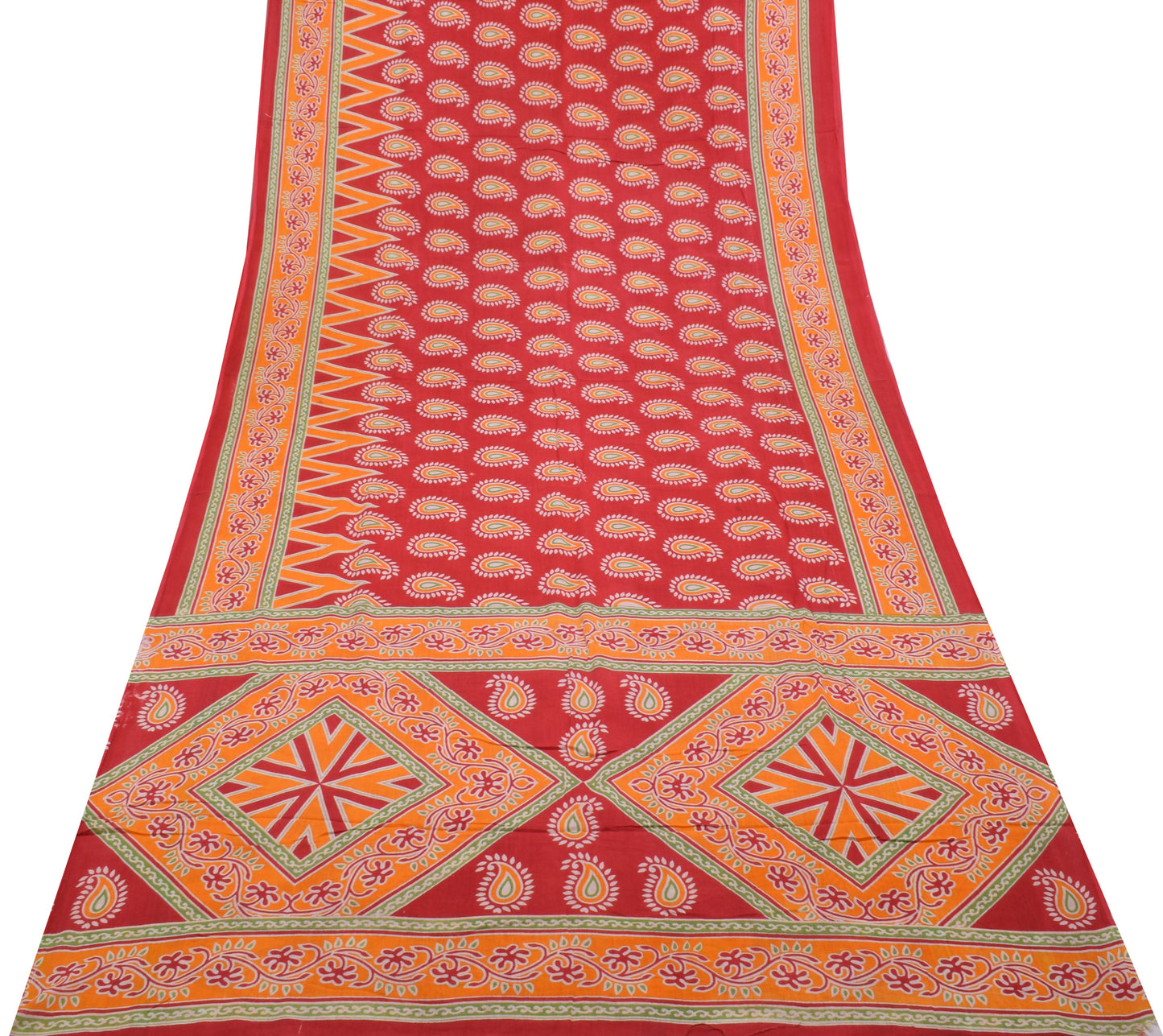 Sushila Vintage Red Saree 100% Pure Cotton Printed Paisley Soft Craft Fabric