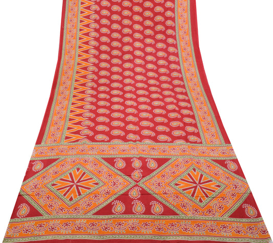 Sushila Vintage Red Saree 100% Pure Cotton Printed Paisley Soft Craft Fabric