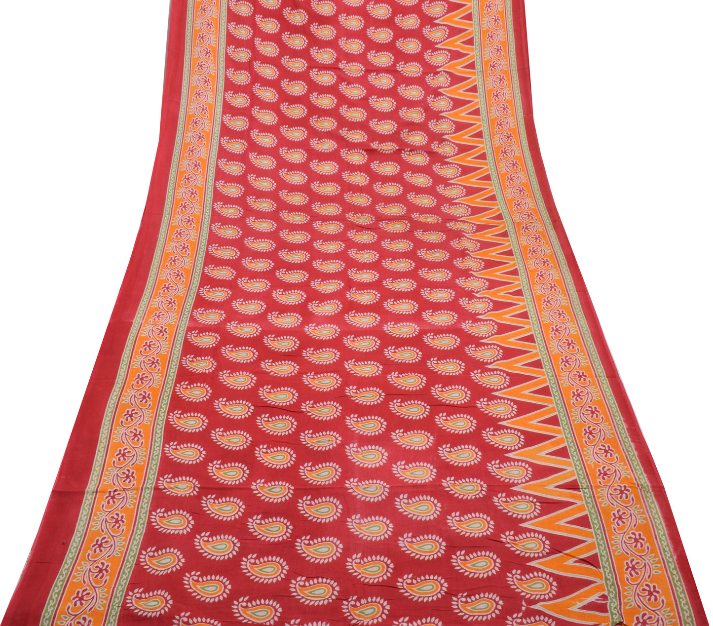 Sushila Vintage Red Saree 100% Pure Cotton Printed Paisley Soft Craft Fabric