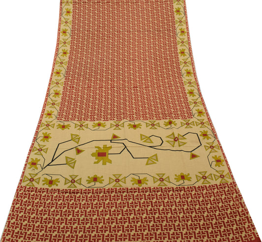 Sushila Vintage Light Brown Saree Pure Cotton Printed Soft Craft Sari Fabric