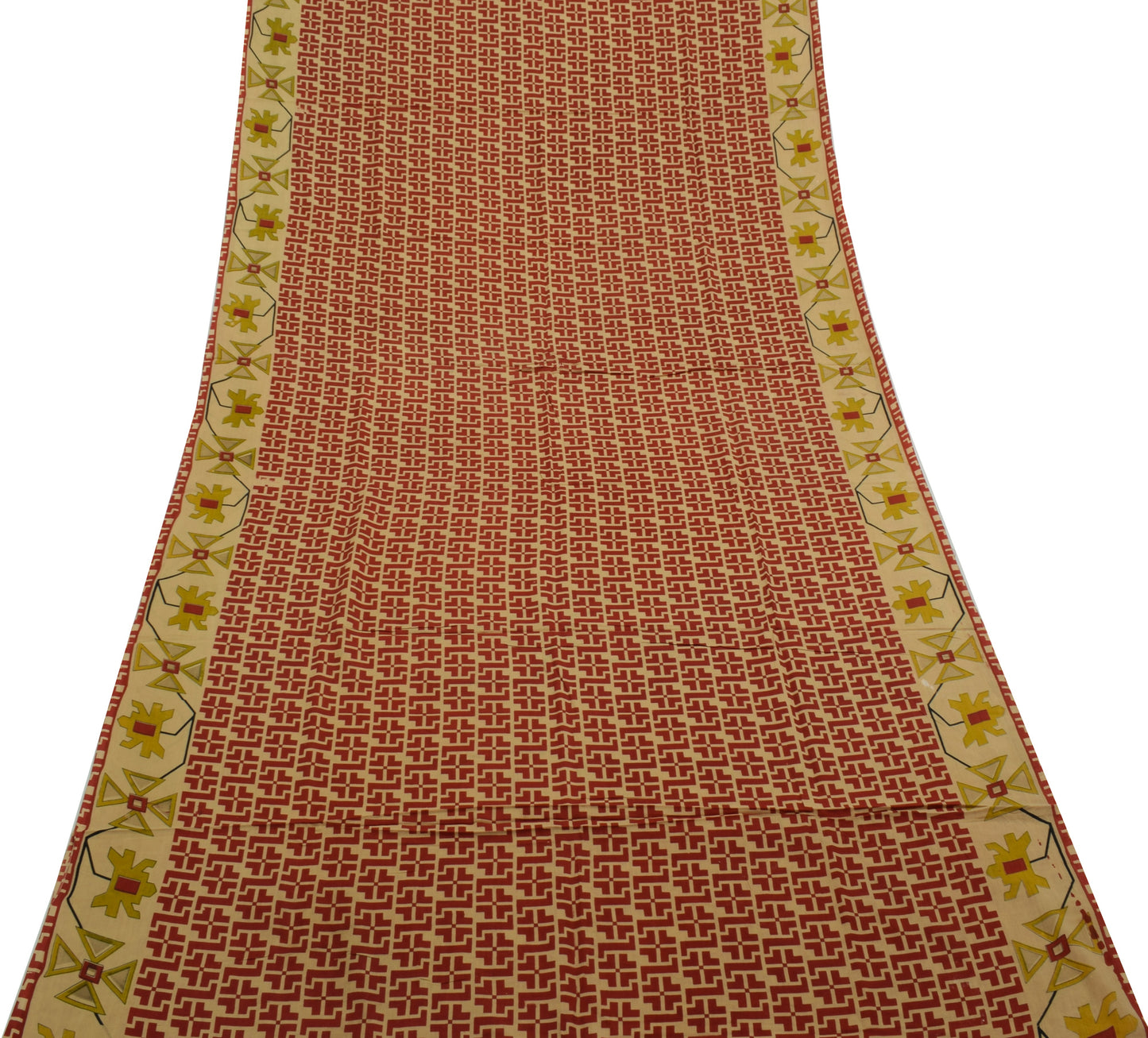 Sushila Vintage Light Brown Saree Pure Cotton Printed Soft Craft Sari Fabric