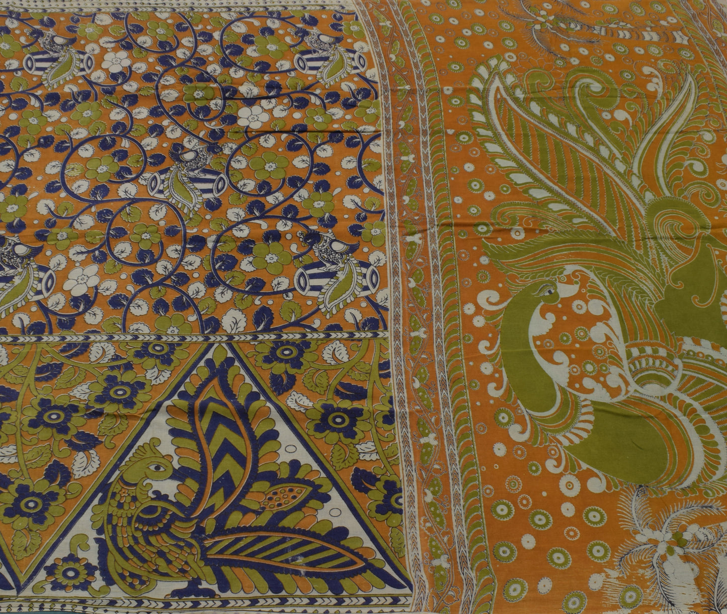 Sushila Vintage Green Saree 100%Pure Cotton Kalamkari Printed Floral Soft Fabric