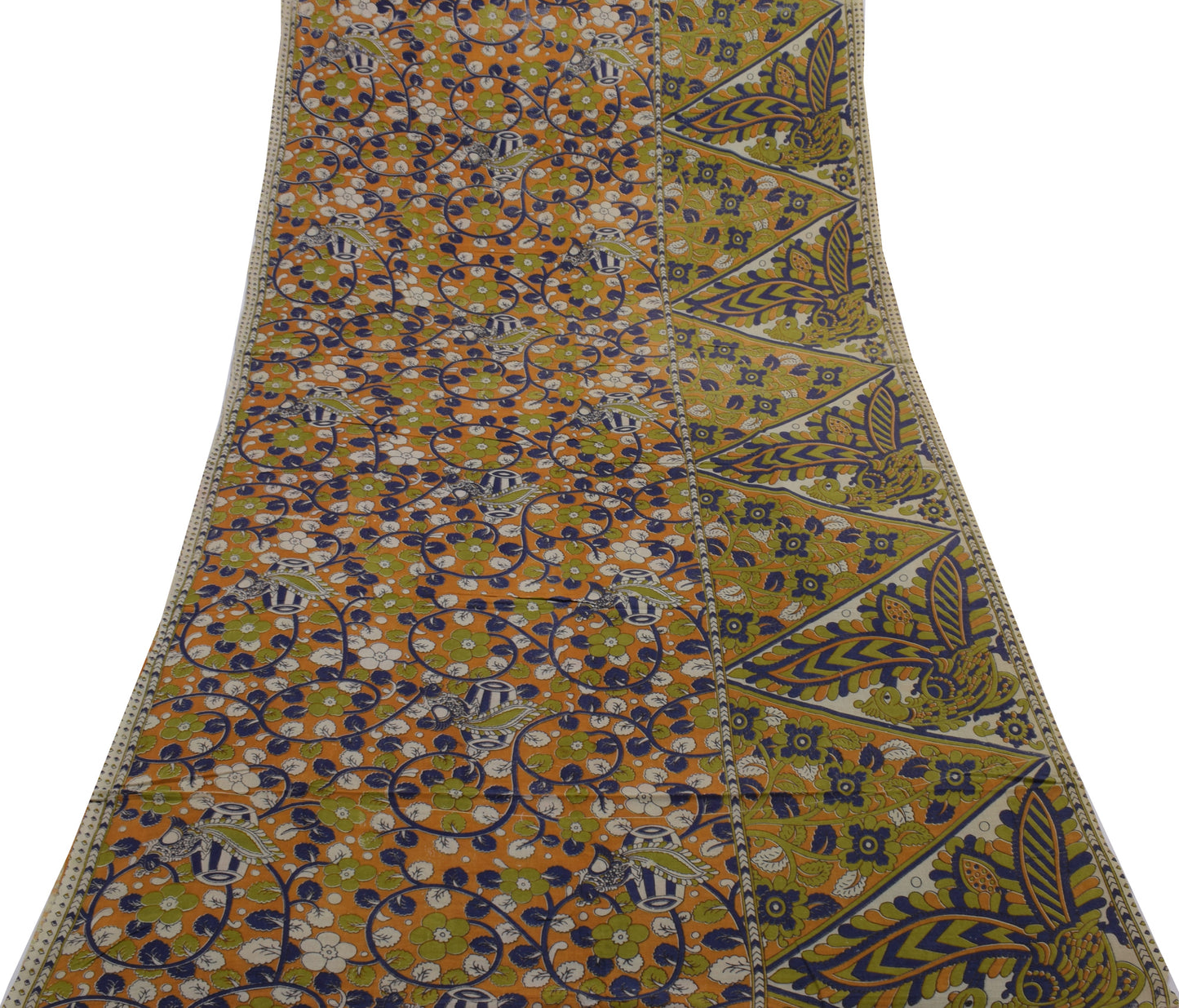 Sushila Vintage Green Saree 100%Pure Cotton Kalamkari Printed Floral Soft Fabric