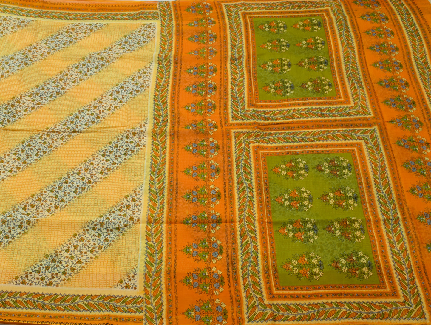 Sushila Vintage Yellow Saree 100% Pure Cotton Printed Floral Soft Craft Fabric