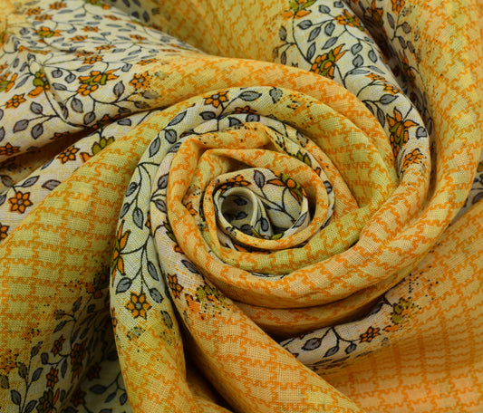 Sushila Vintage Yellow Saree 100% Pure Cotton Printed Floral Soft Craft Fabric