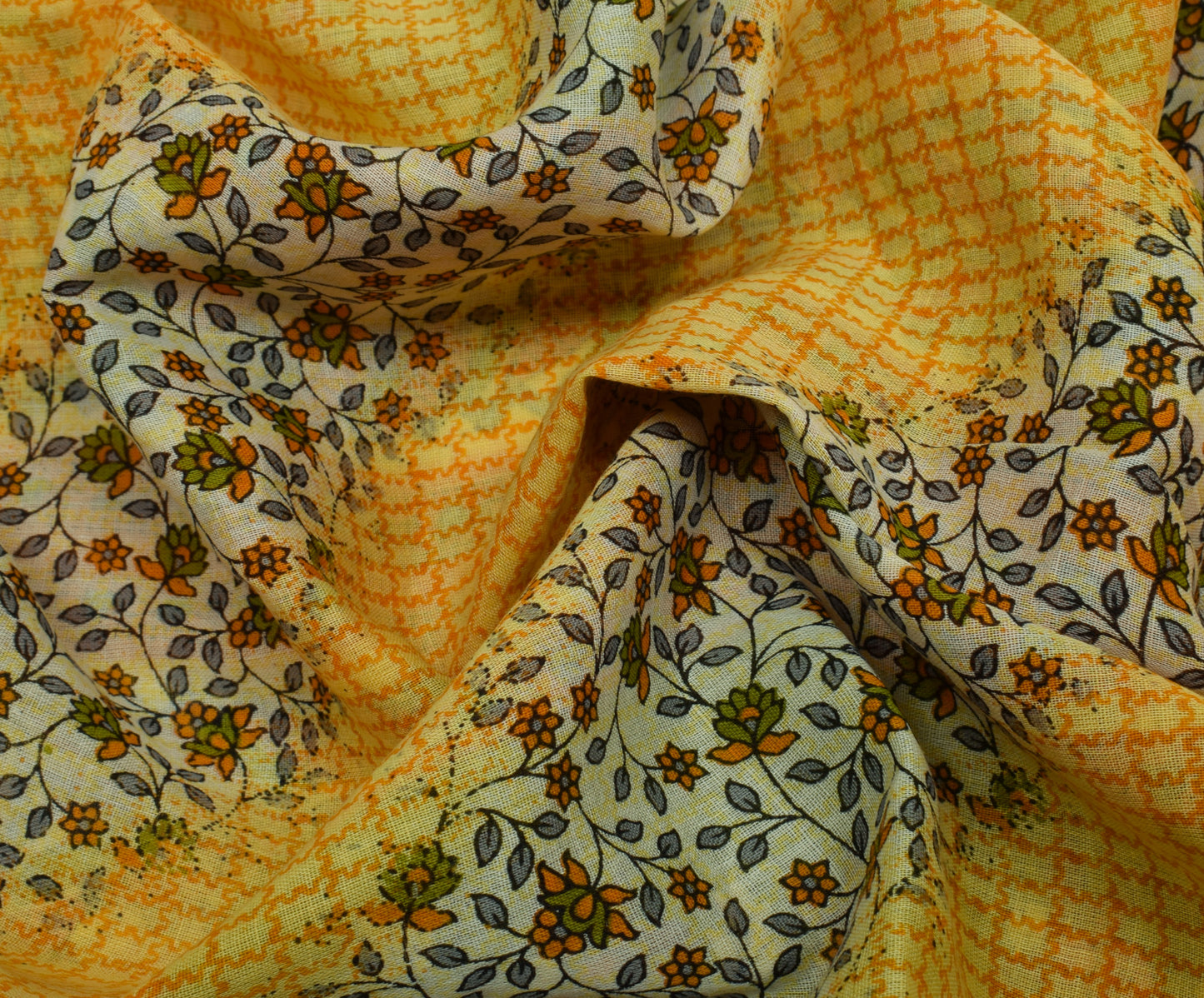 Sushila Vintage Yellow Saree 100% Pure Cotton Printed Floral Soft Craft Fabric
