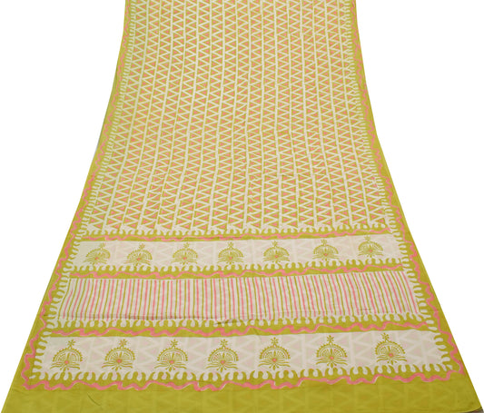 Sushila Vintage Cream Saree 100% Pure Cotton Printed 5 Yard Soft Craft Fabric