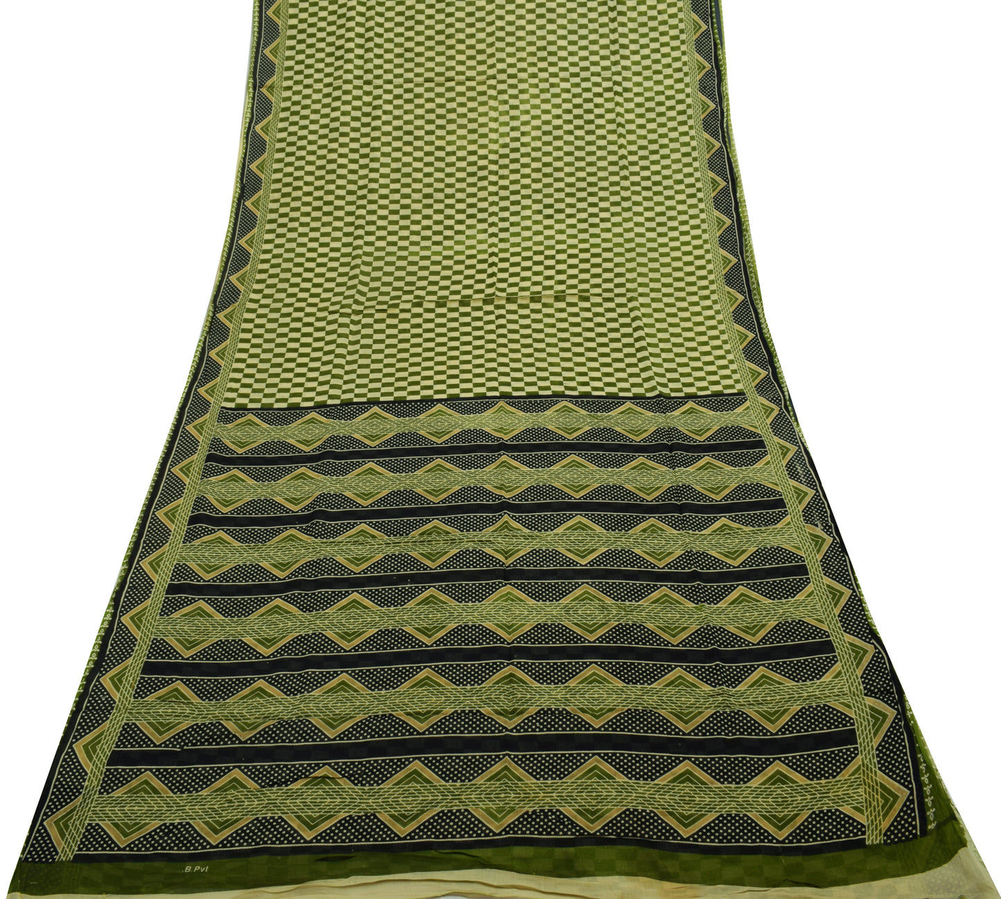 Sushila Vintage Green Saree 100% Pure Cotton Printed 5 Yard Soft Craft Fabric
