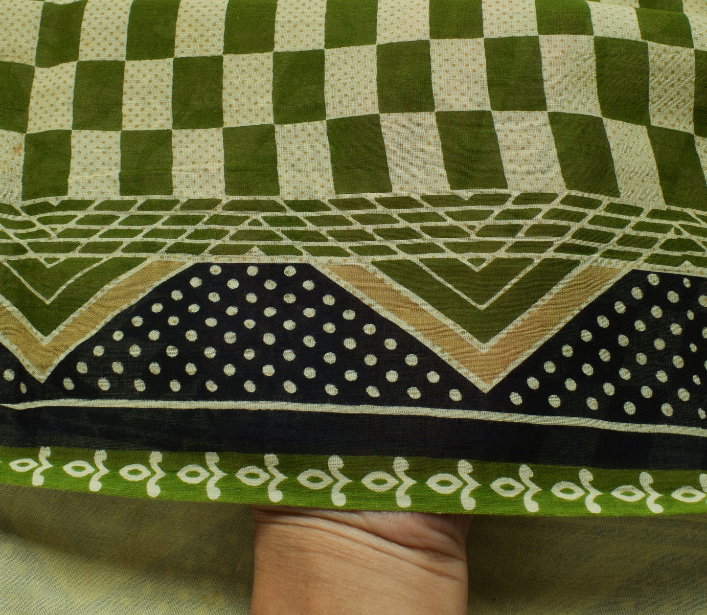 Sushila Vintage Green Saree 100% Pure Cotton Printed 5 Yard Soft Craft Fabric