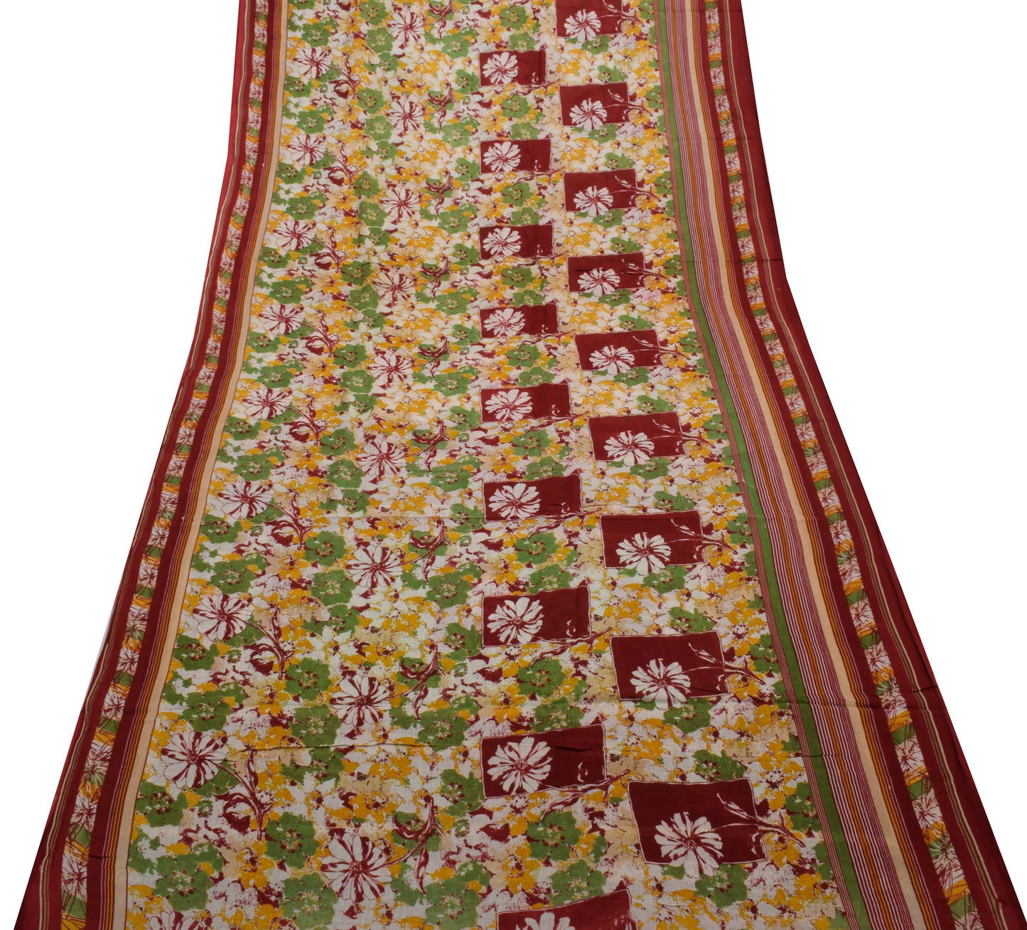 Sushila Vintage Cream Saree 100% Pure Cotton Printed Floral Soft Craft Fabric