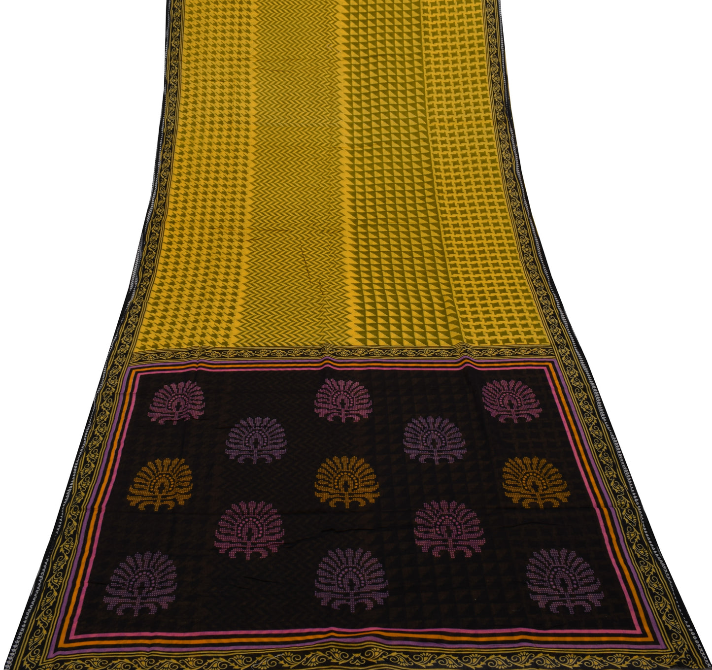 Sushila Vintage Yellow Indian Saree 100% Pure Cotton Printed Soft Craft Fabric
