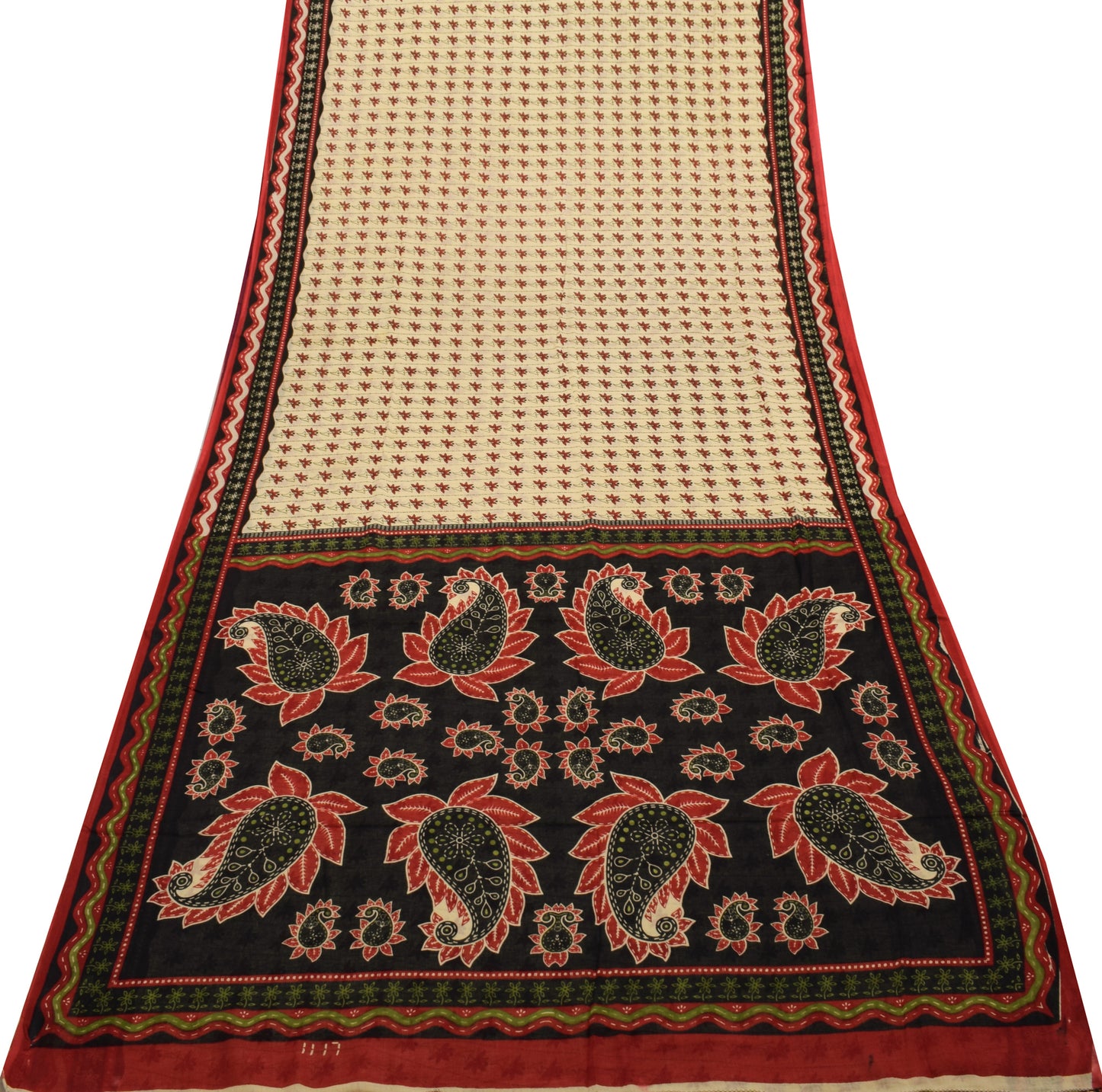 Sushila Vintage Cream Saree 100% Pure Cotton Printed Floral Soft Craft Fabric