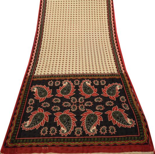 Sushila Vintage Cream Saree 100% Pure Cotton Printed Floral Soft Craft Fabric