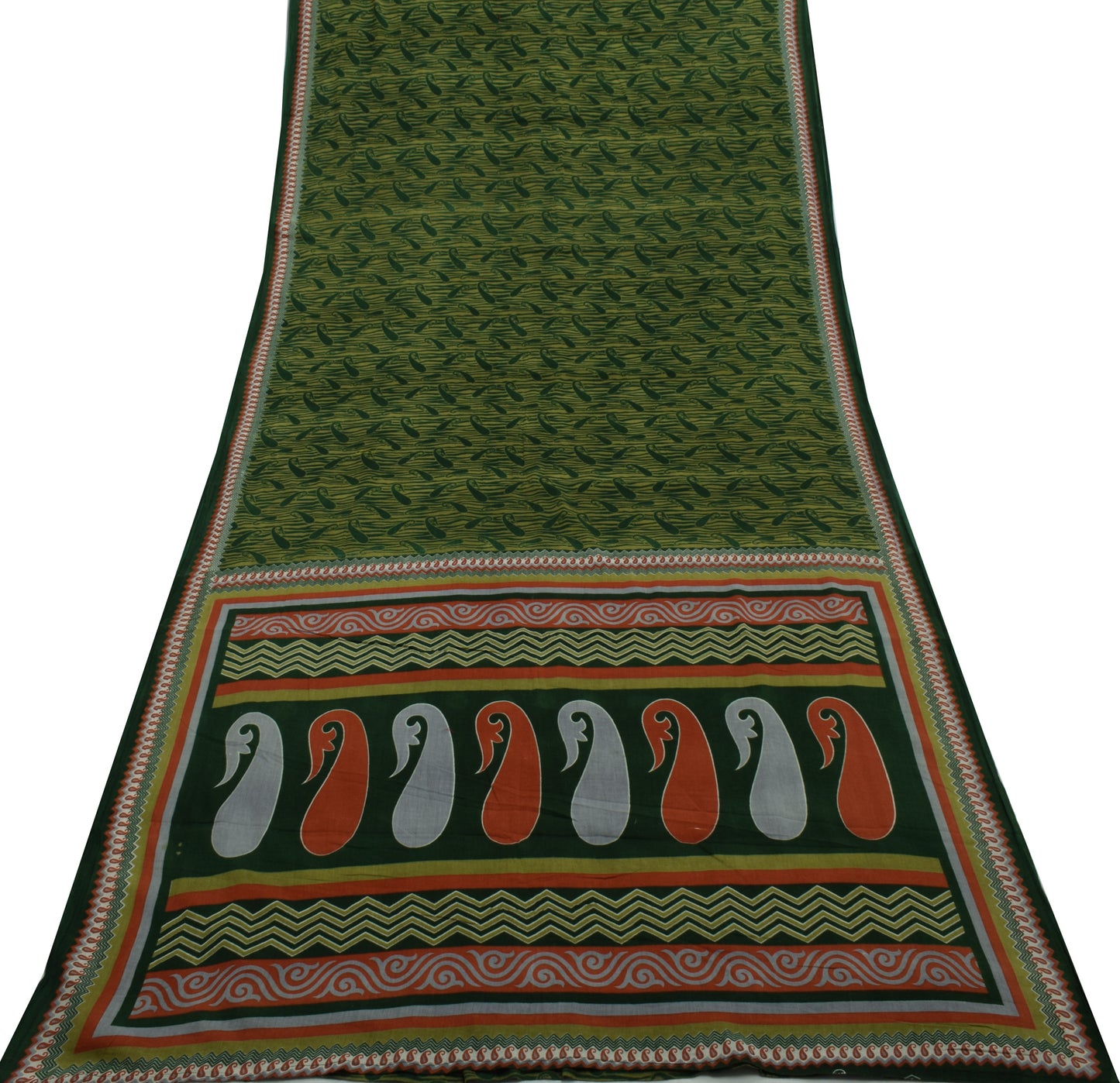 Sushila Vintage Green Saree 100% Pure Cotton Printed Paisley Soft Craft Fabric