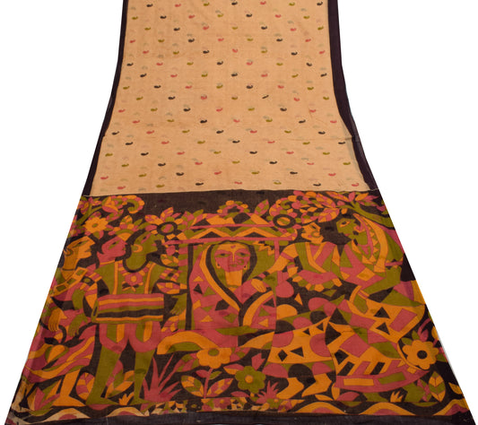 Sushila Vintage Peach Saree 100% Pure Cotton Printed Paisley Soft Craft Fabric
