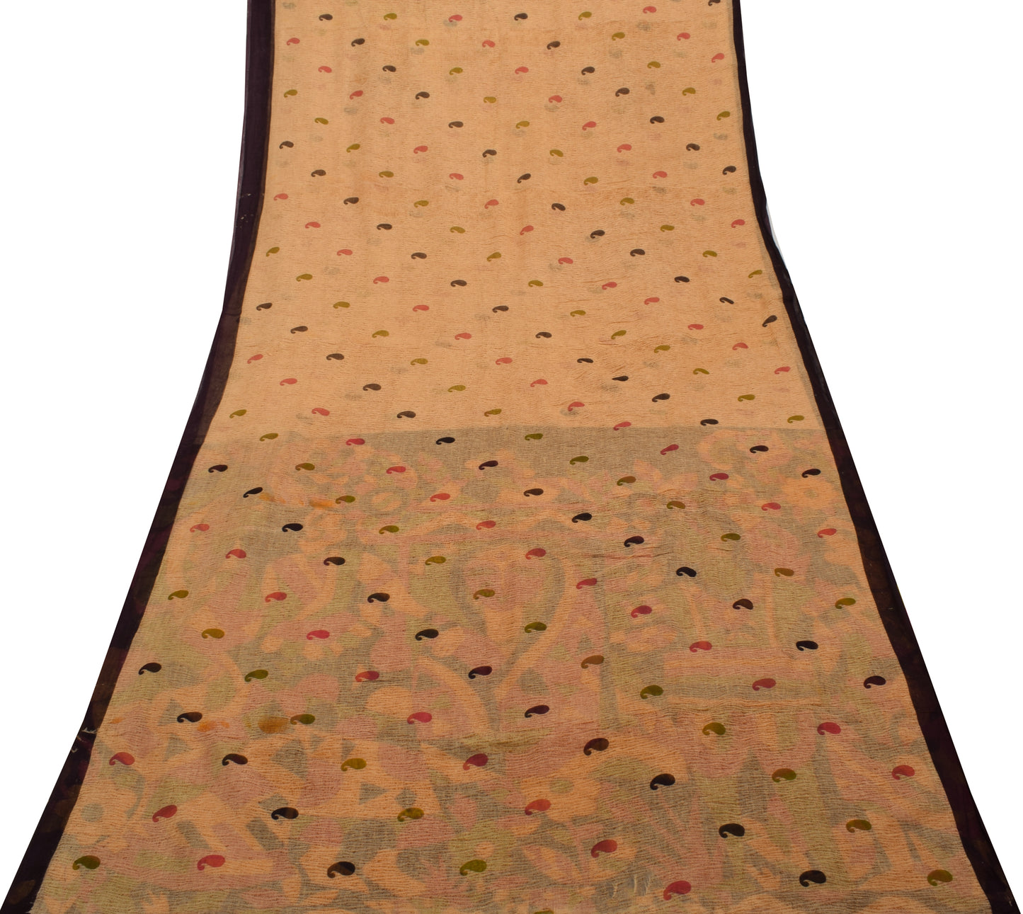 Sushila Vintage Peach Saree 100% Pure Cotton Printed Paisley Soft Craft Fabric