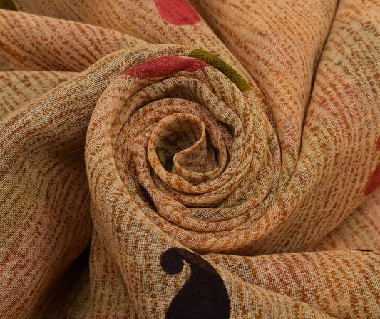 Sushila Vintage Peach Saree 100% Pure Cotton Printed Paisley Soft Craft Fabric
