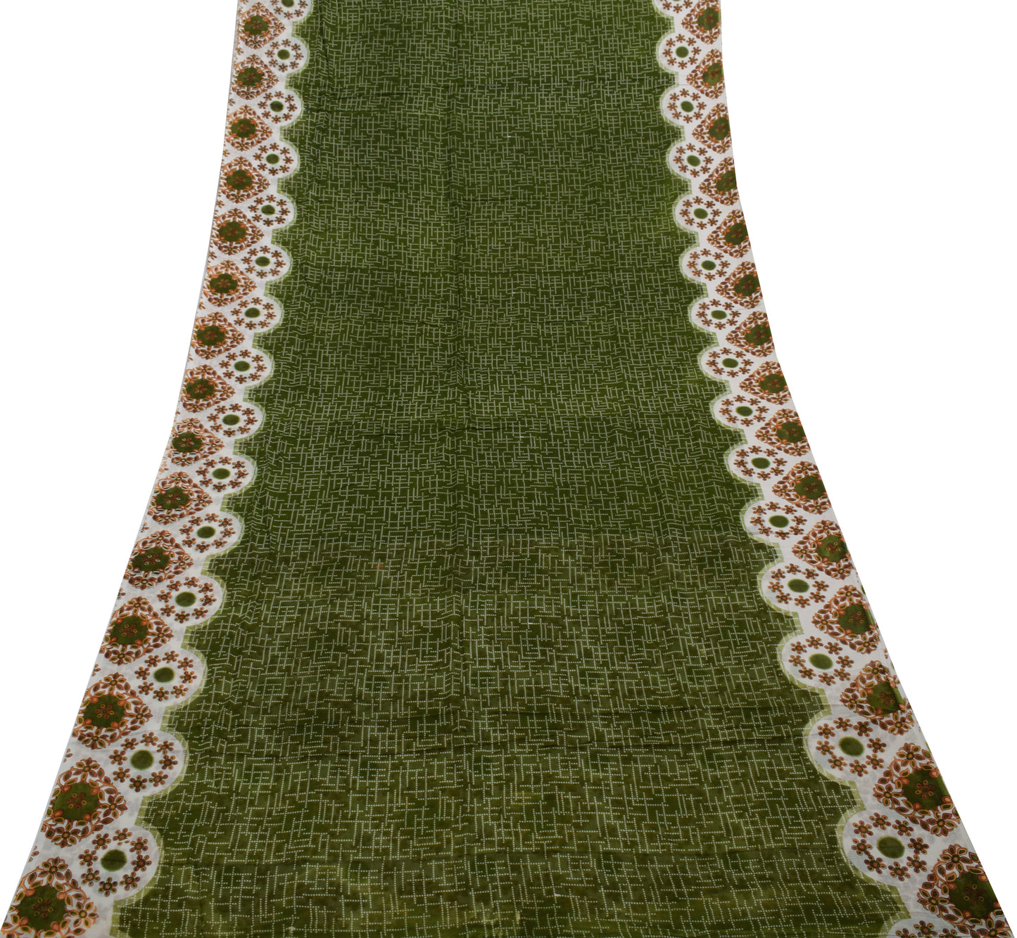 Sushila Vintage Green Saree 100% Pure Cotton Printed 5 Yard Soft Craft Fabric