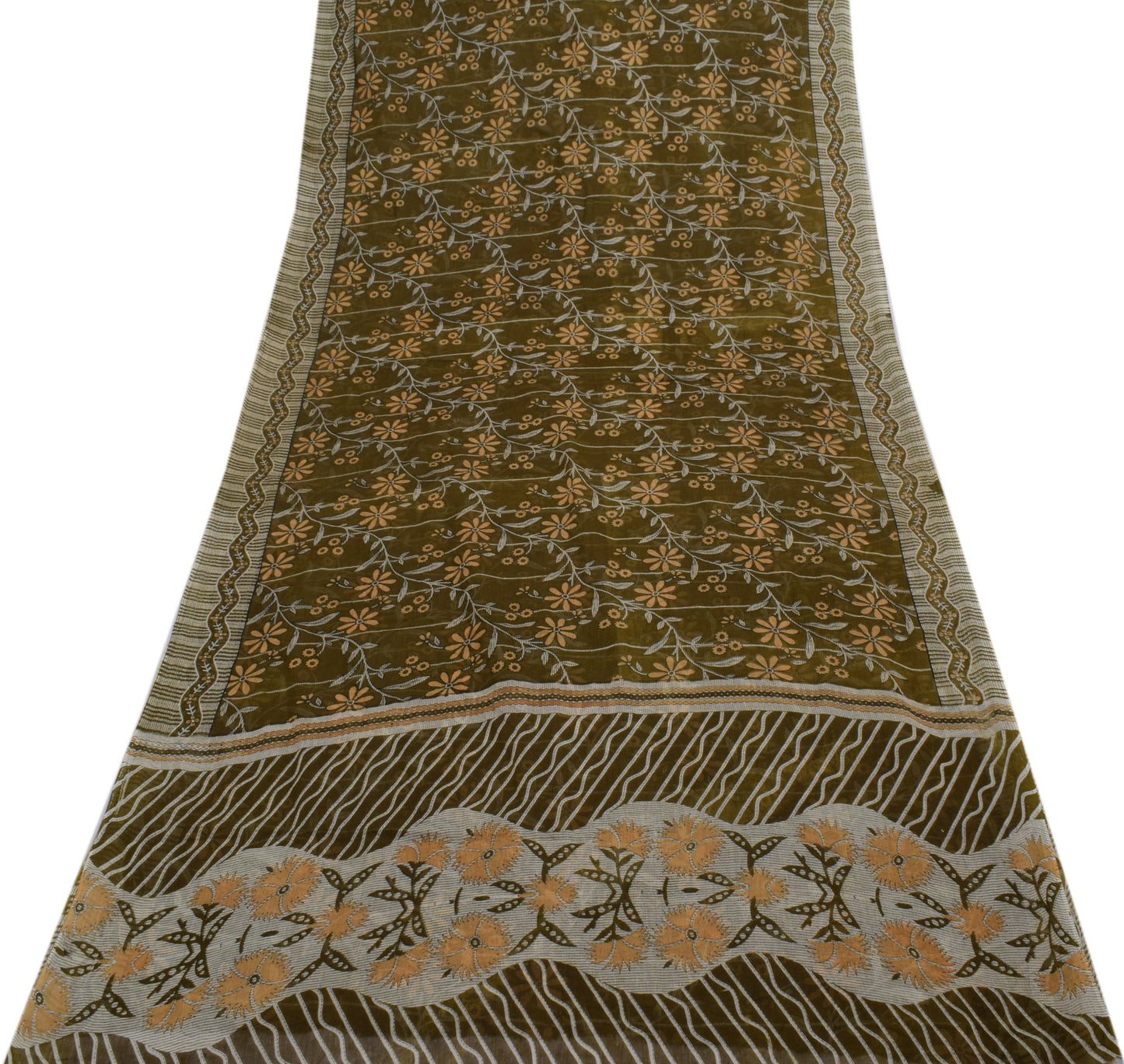 Sushila Vintage Green Saree 100% Pure Cotton Printed Floral Soft Craft Fabric