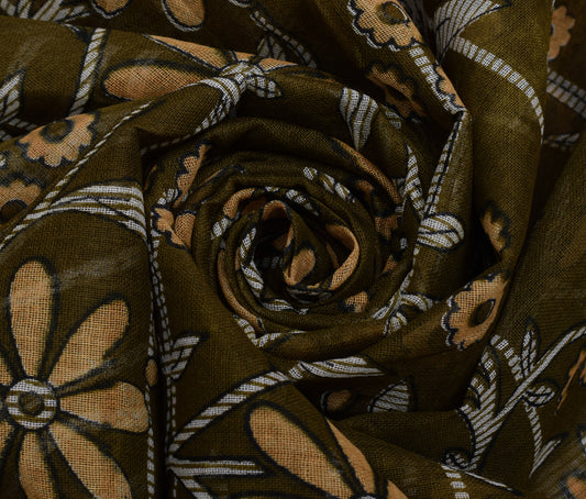 Sushila Vintage Green Saree 100% Pure Cotton Printed Floral Soft Craft Fabric