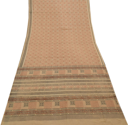 Sushila Vintage Cream Saree 100% Pure Cotton Printed 5 Yard Soft Craft Fabric