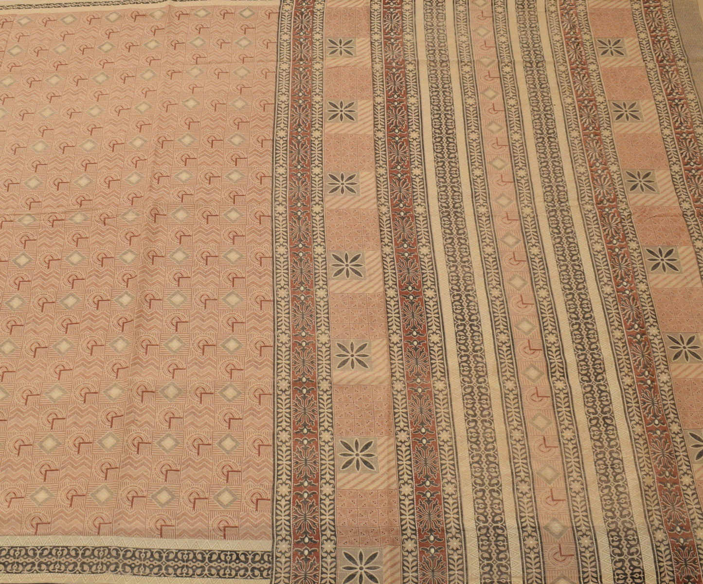 Sushila Vintage Cream Saree 100% Pure Cotton Printed 5 Yard Soft Craft Fabric