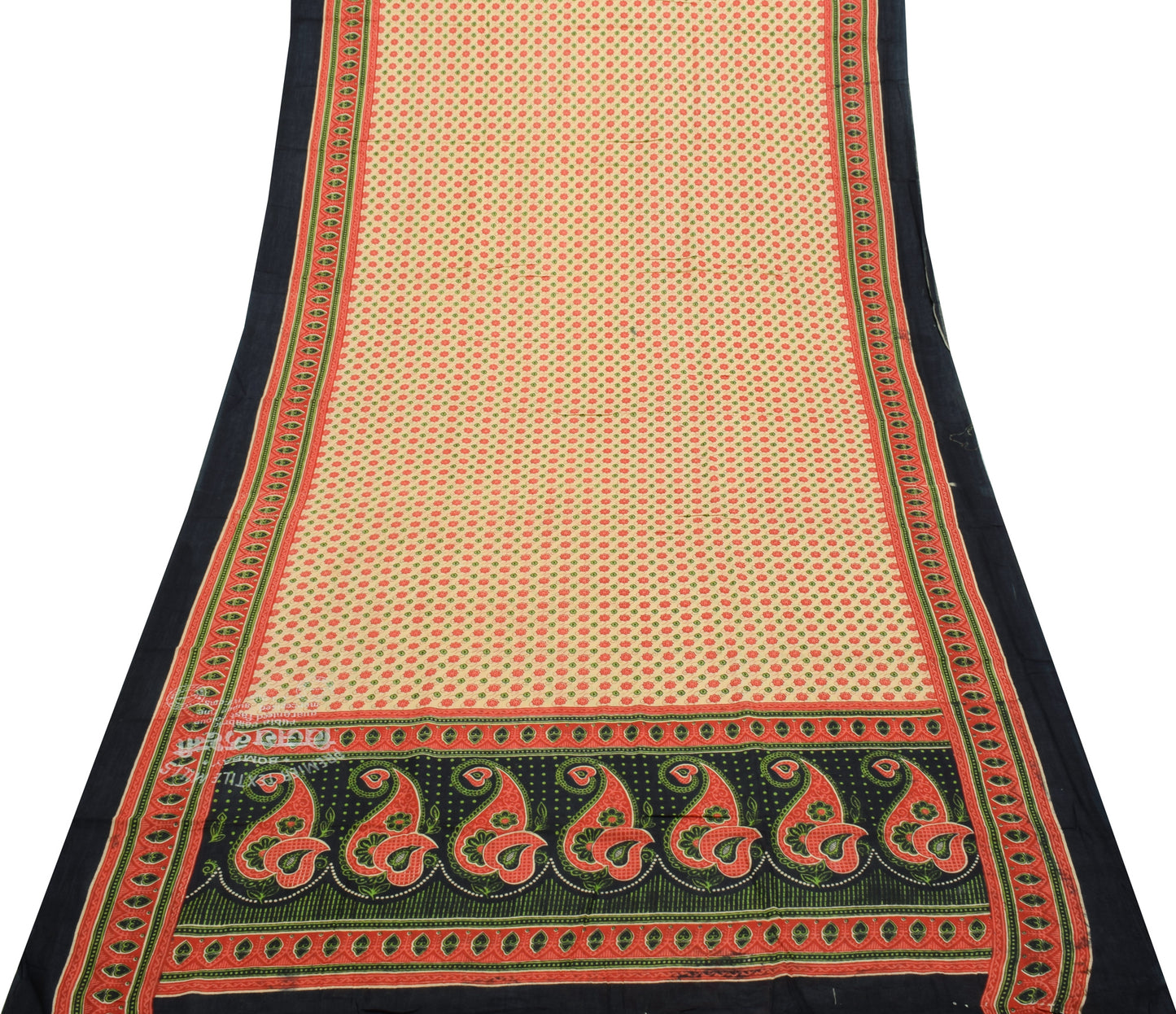 Sushila Vintage Cream Saree 100% Pure Cotton Hand Block Printed Craft Fabric