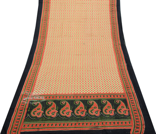 Sushila Vintage Cream Saree 100% Pure Cotton Hand Block Printed Craft Fabric
