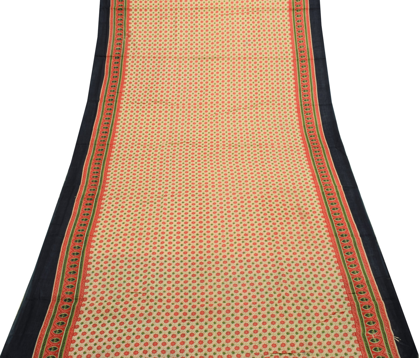 Sushila Vintage Cream Saree 100% Pure Cotton Hand Block Printed Craft Fabric
