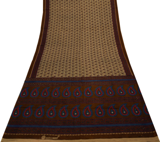 Sushila Vintage Brown Saree 100% Pure Silk Printed Paisley Soft Craft Fabric