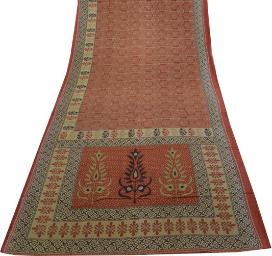 Sushila Vintage Brown Saree 100% Pure Cotton Printed Floral Soft Craft Fabric