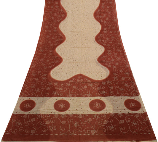 Sushila Vintage Cream Saree 100% Pure Cotton Printed 5 Yard Soft Craft Fabric