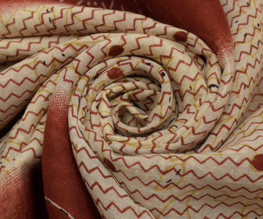 Sushila Vintage Cream Saree 100% Pure Cotton Printed 5 Yard Soft Craft Fabric