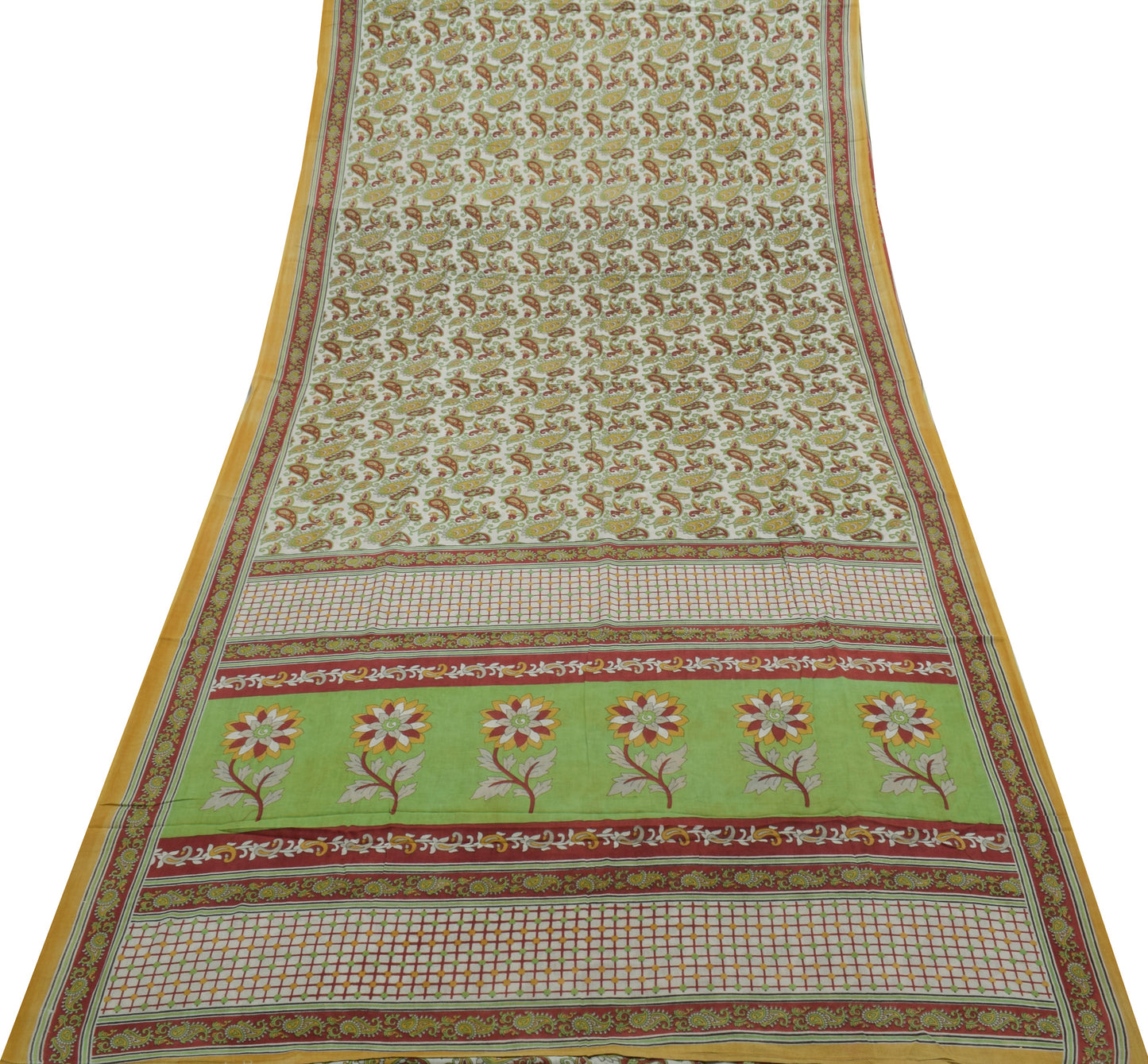 Sushila Vintage White Saree 100% Pure Cotton Printed Paisley Soft Craft Fabric