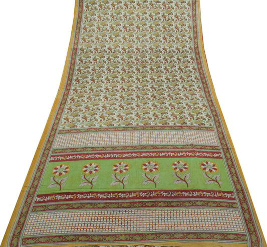Sushila Vintage White Saree 100% Pure Cotton Printed Paisley Soft Craft Fabric