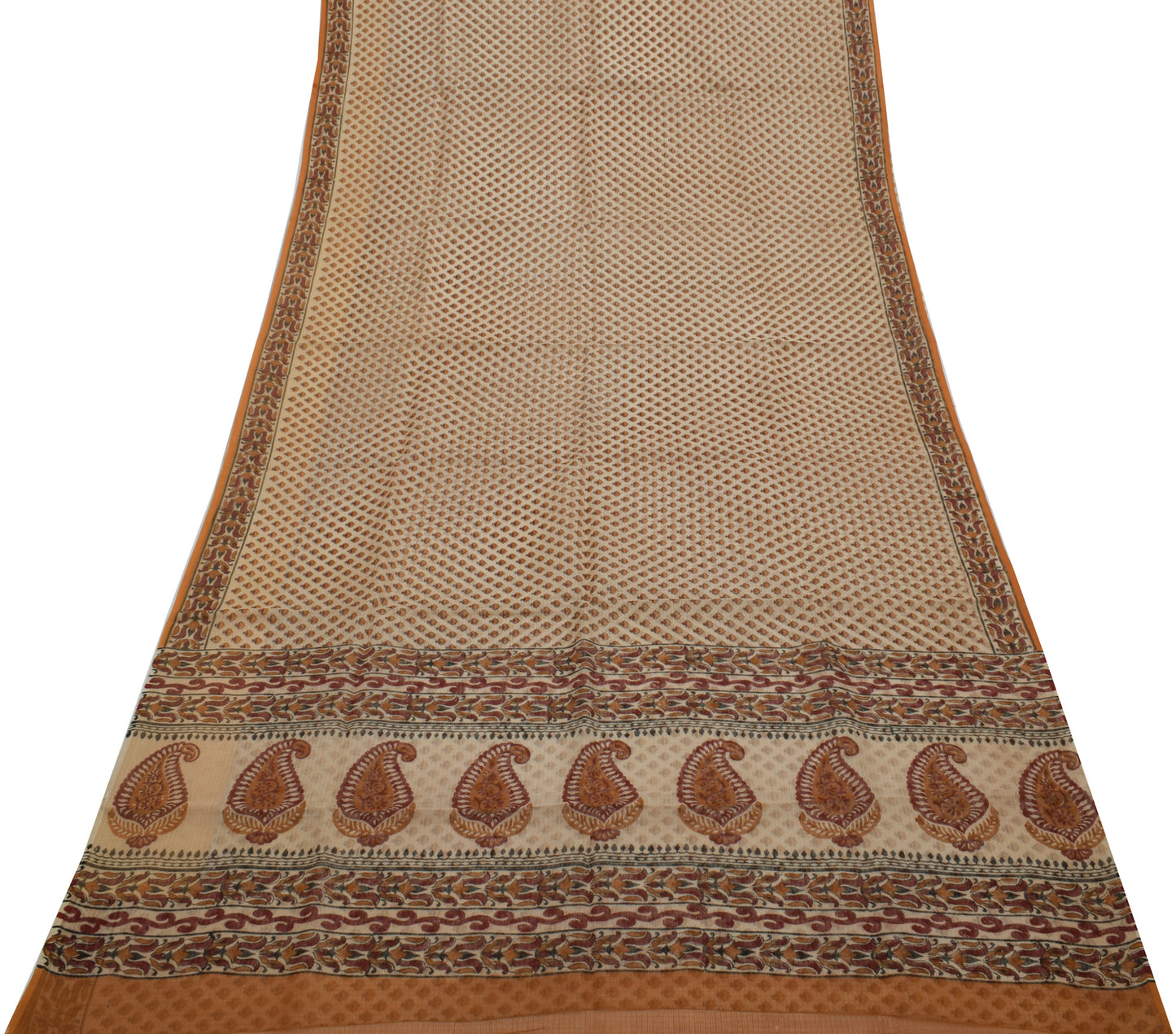 Sushila Vintage Cream Saree 100% Pure Cotton Hand Block Printed Floral Fabric